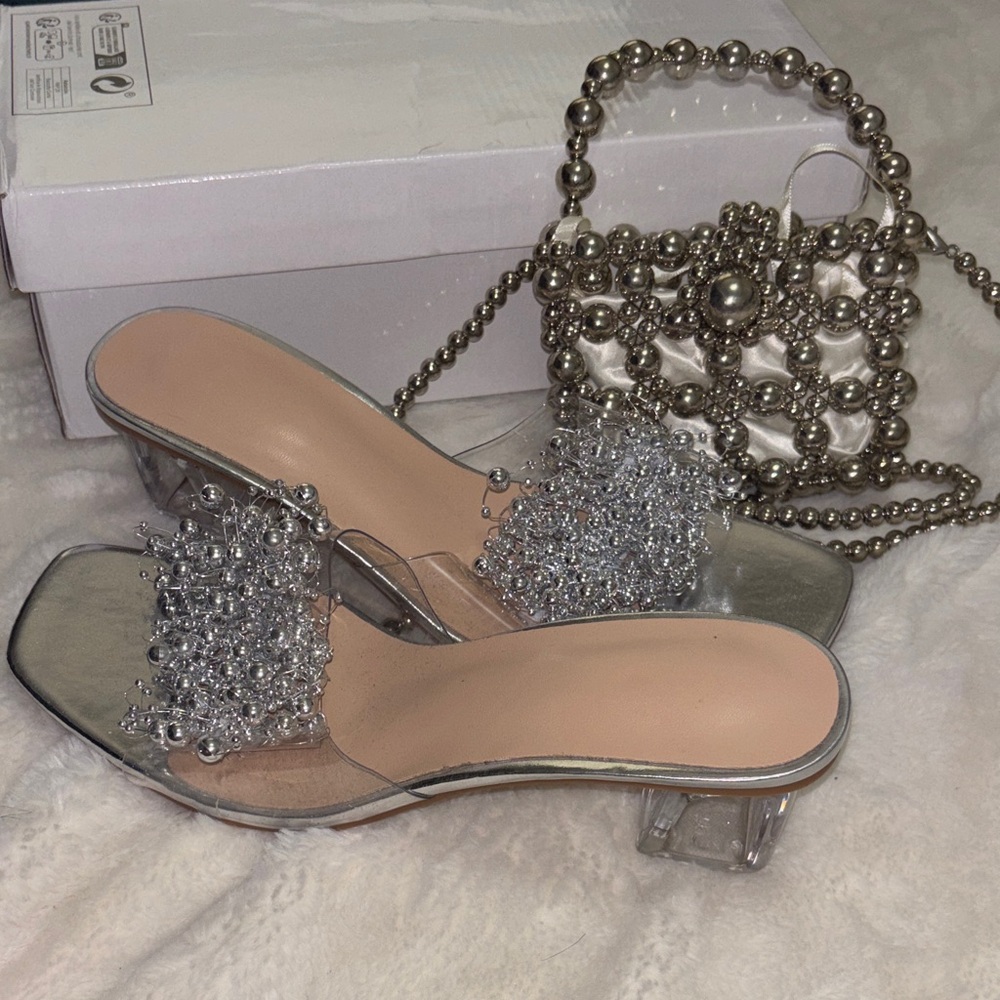 Clear Silver Beaded Slide Heels for Women(Set)